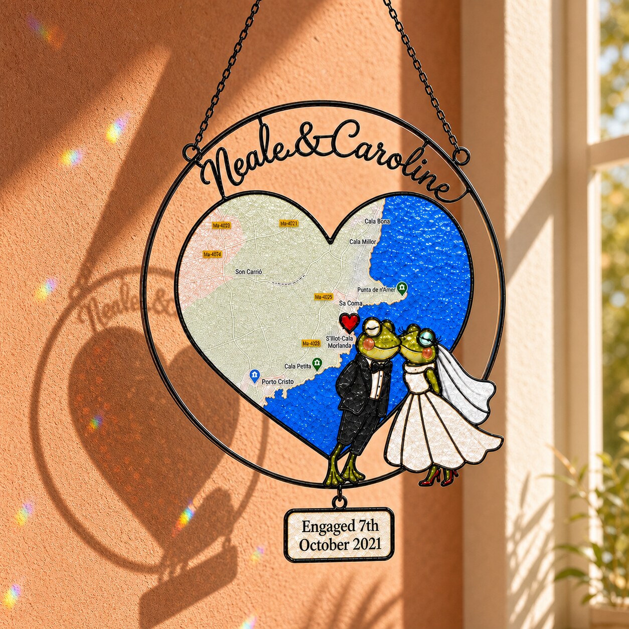 Personalized Engagement Map Heart Frog Couple Holographic Acrylic Suncatcher