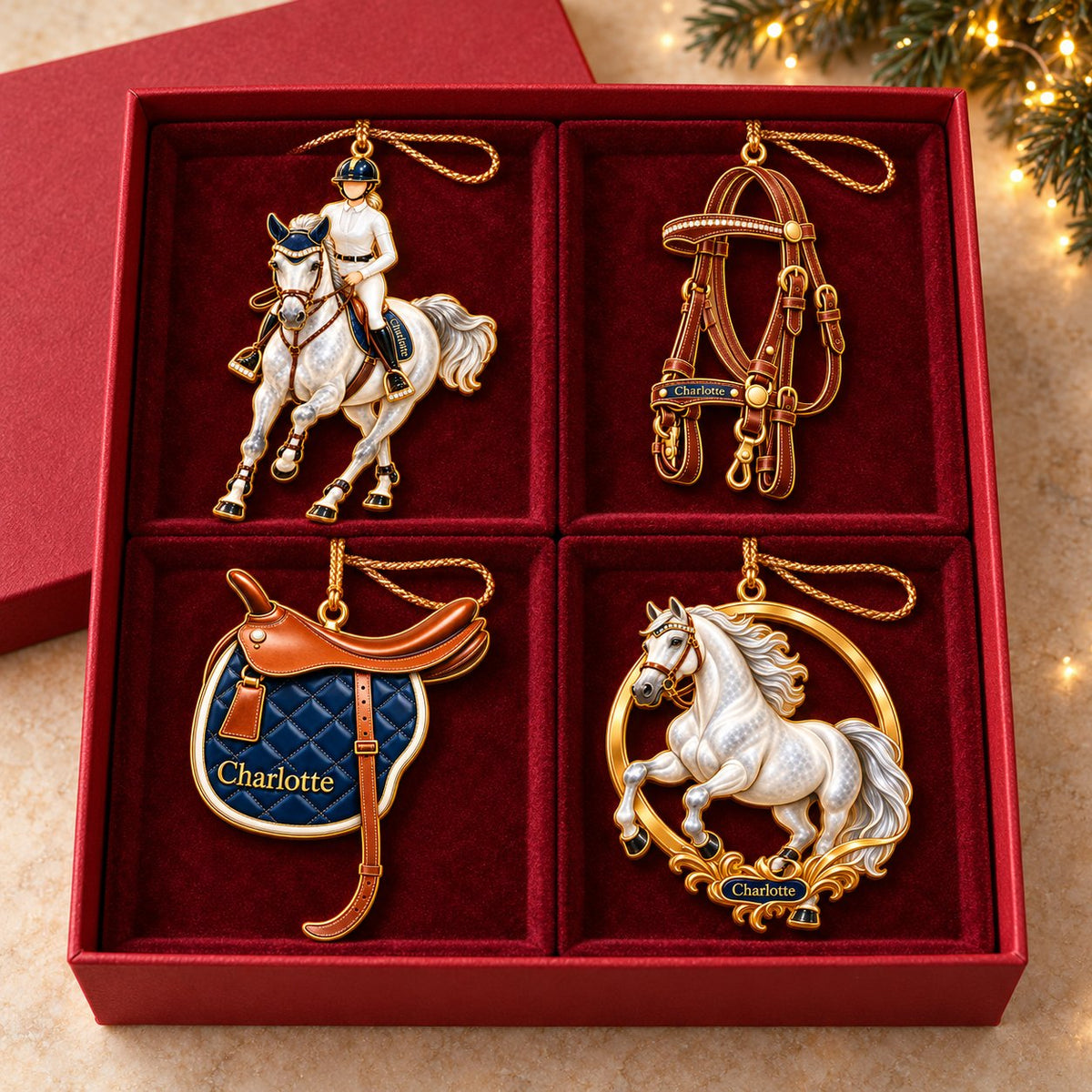 Personalized Equestrian Christmas Ornament — Horse Rider, Bridle, Saddle or Horse in a Gold Ring, Single or Set of 4, Ceramic