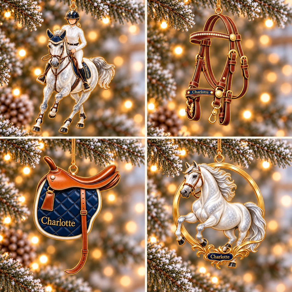 Personalized Equestrian Christmas Ornament — Horse Rider, Bridle, Saddle or Horse in a Gold Ring, Single or Set of 4, Ceramic