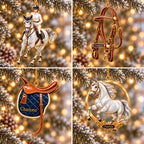 Personalized Equestrian Christmas Ornament — Horse Rider, Bridle, Saddle or Horse in a Gold Ring, Single or Set of 4, Ceramic