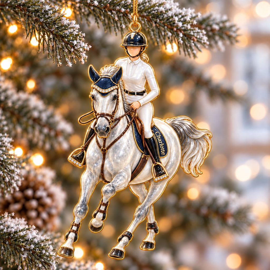 Personalized Equestrian Christmas Ornament — Horse Rider, Bridle, Saddle or Horse in a Gold Ring, Single or Set of 4, Ceramic