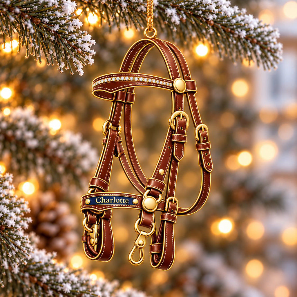 Personalized Equestrian Christmas Ornament — Horse Rider, Bridle, Saddle or Horse in a Gold Ring, Single or Set of 4, Ceramic