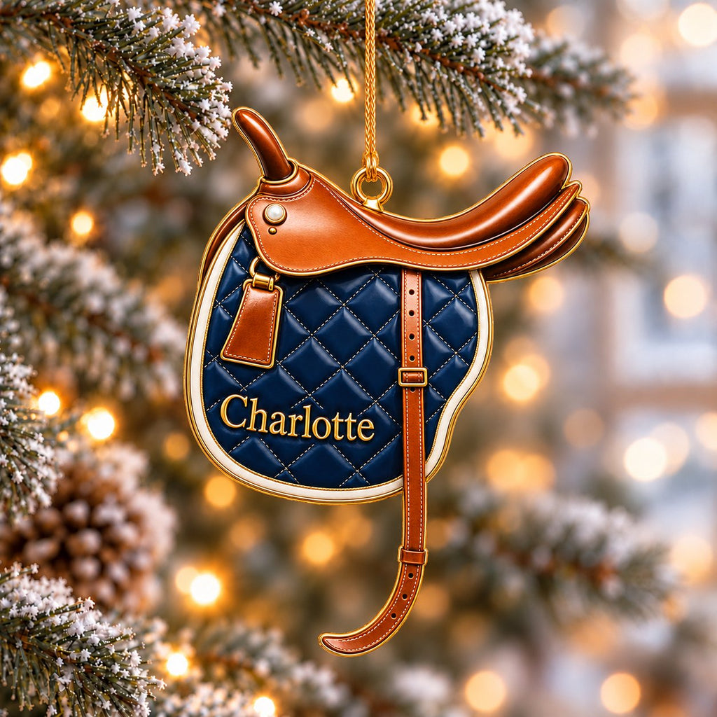 Personalized Equestrian Christmas Ornament — Horse Rider, Bridle, Saddle or Horse in a Gold Ring, Single or Set of 4, Ceramic