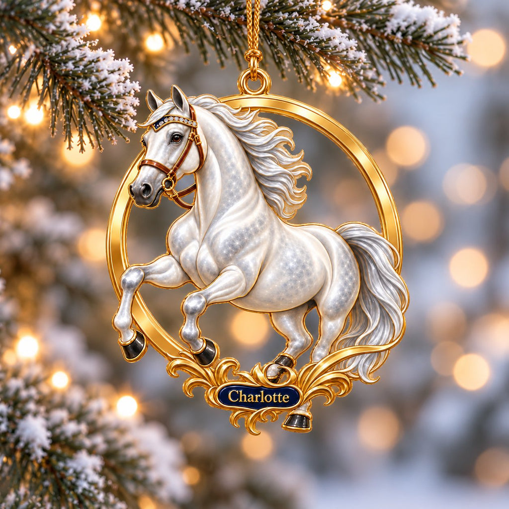 Personalized Equestrian Christmas Ornament — Horse Rider, Bridle, Saddle or Horse in a Gold Ring, Single or Set of 4, Ceramic
