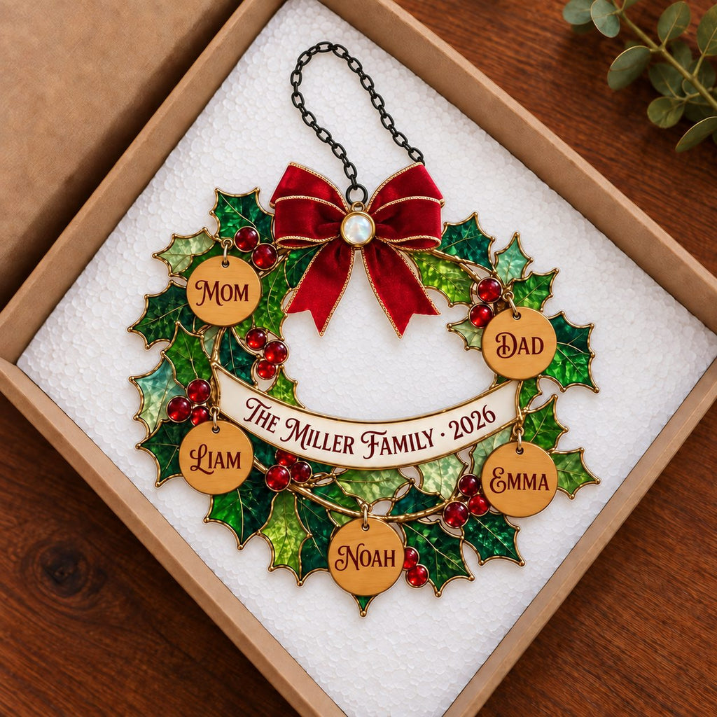 Personalized Family Holly Wreath with Name Tags Holographic Acrylic Suncatcher