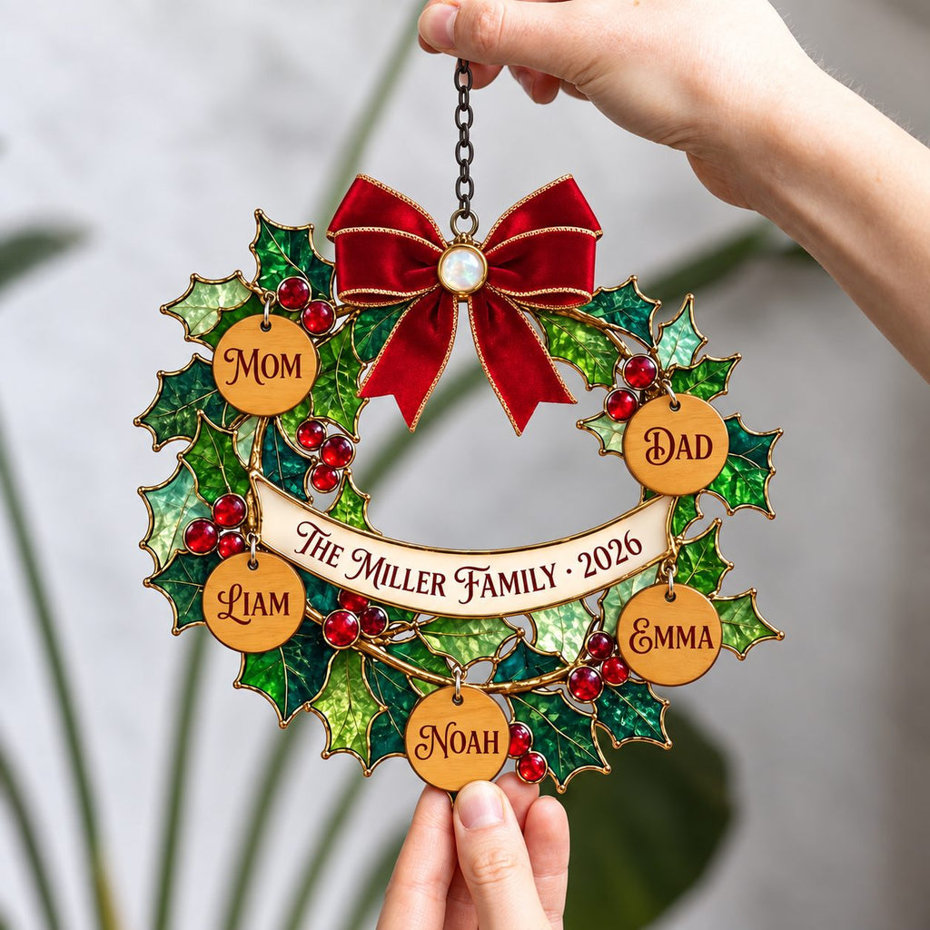 Personalized Family Holly Wreath with Name Tags Holographic Acrylic Suncatcher