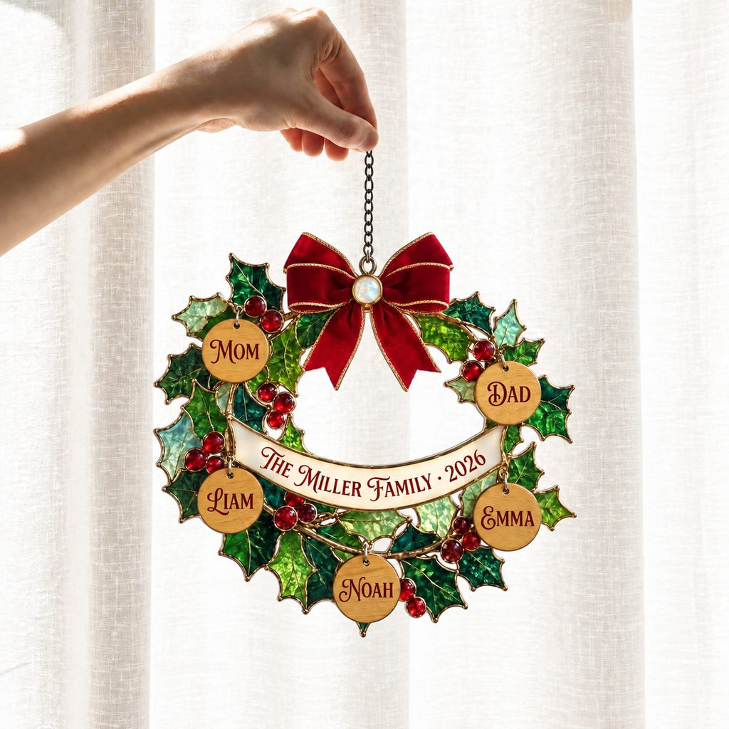 Personalized Family Holly Wreath with Name Tags Holographic Acrylic Suncatcher