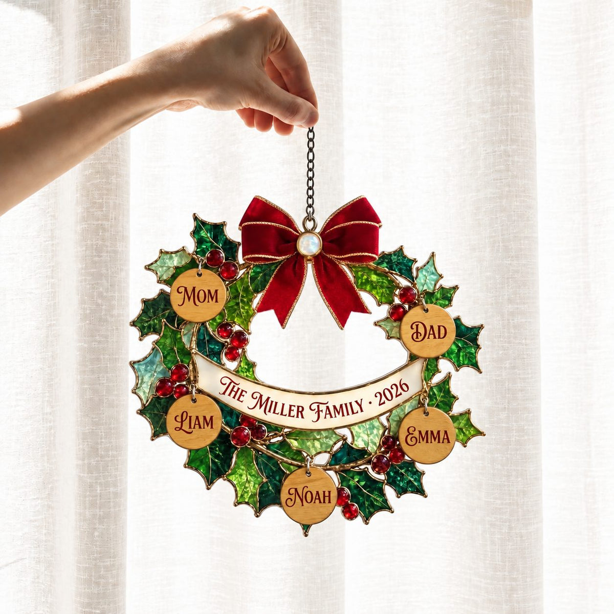 Personalized Family Holly Wreath with Name Tags Holographic Acrylic Suncatcher