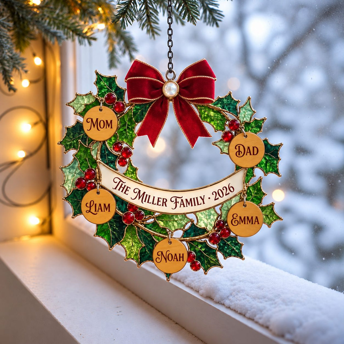Personalized Family Holly Wreath with Name Tags Holographic Acrylic Suncatcher