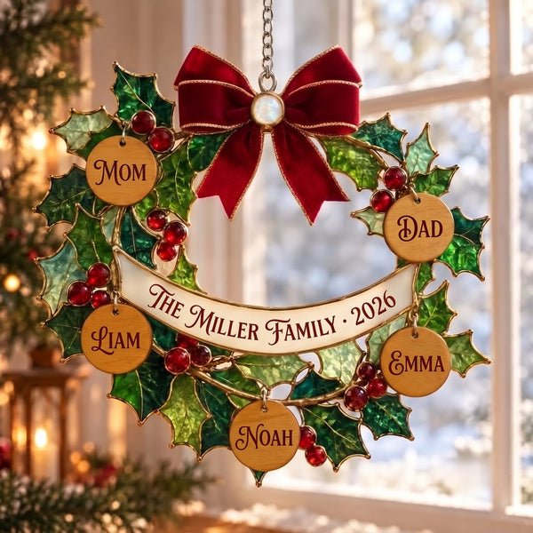 Personalized Family Holly Wreath with Name Tags Holographic Acrylic Suncatcher
