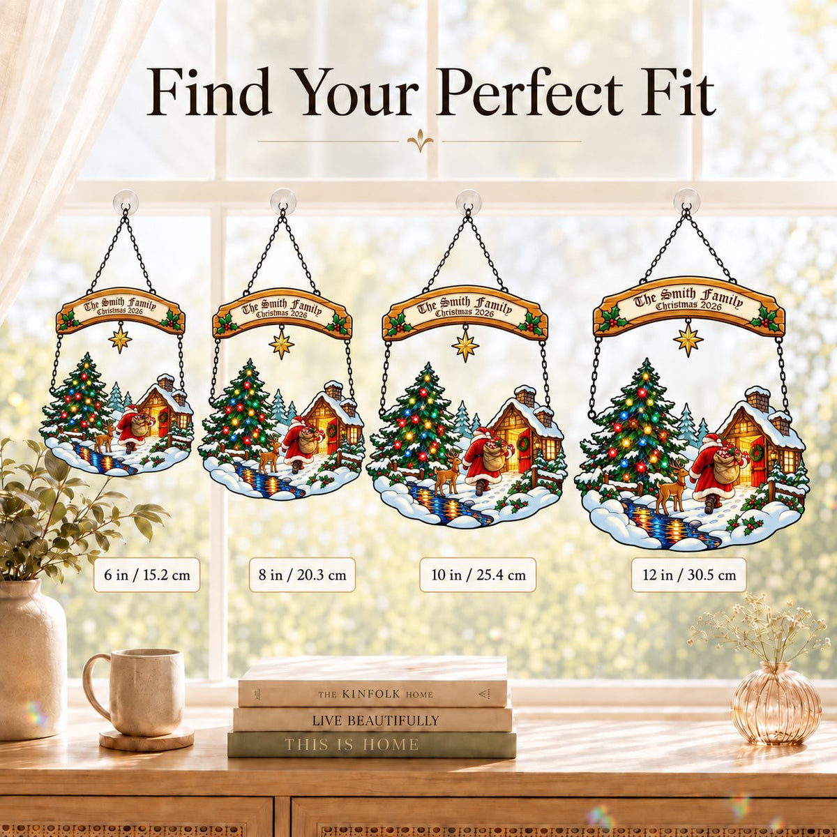 Personalized Family Name Santa at the Snowy Cabin Holographic Acrylic Suncatcher