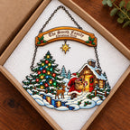 Personalized Family Name Santa at the Snowy Cabin Holographic Acrylic Suncatcher