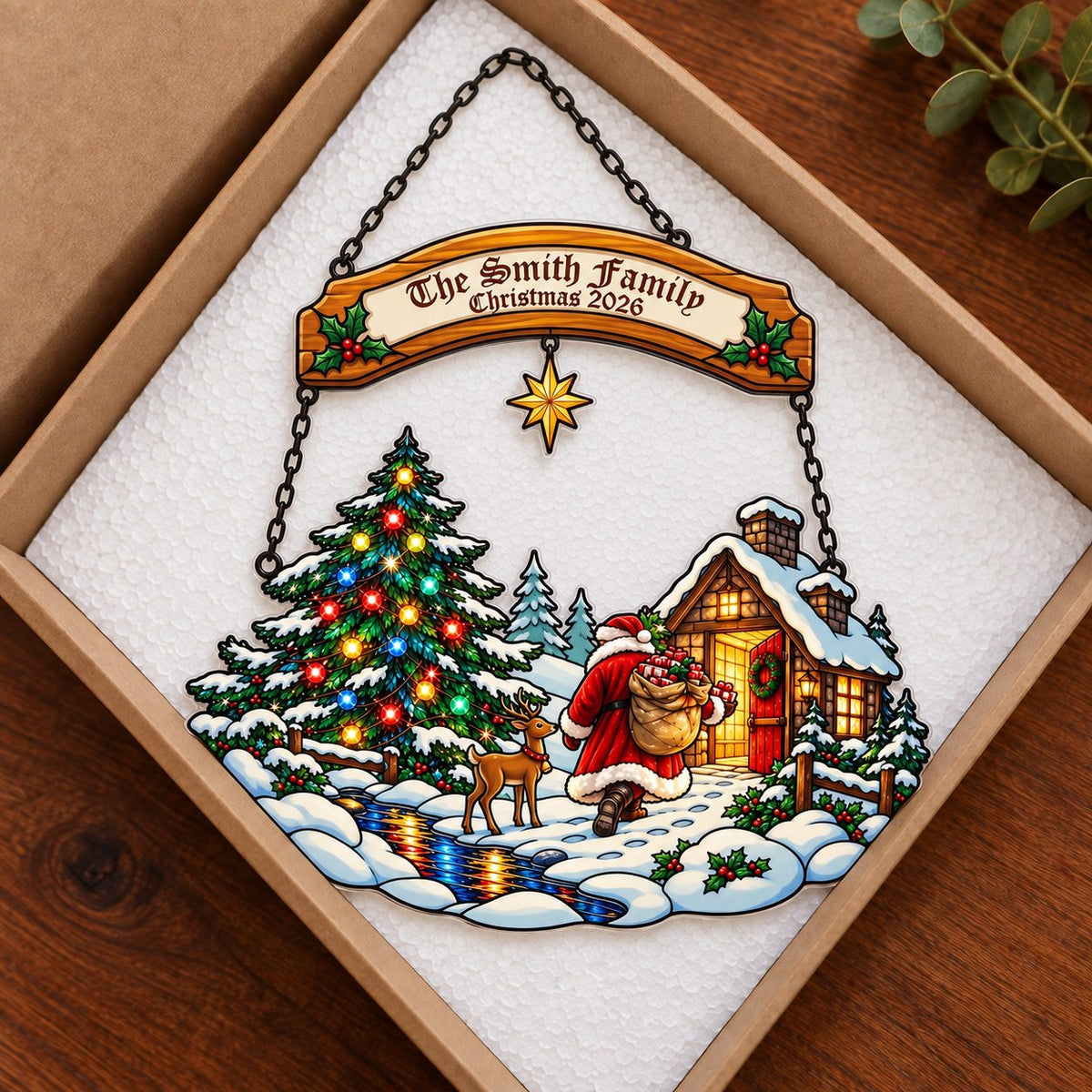 Personalized Family Name Santa at the Snowy Cabin Holographic Acrylic Suncatcher