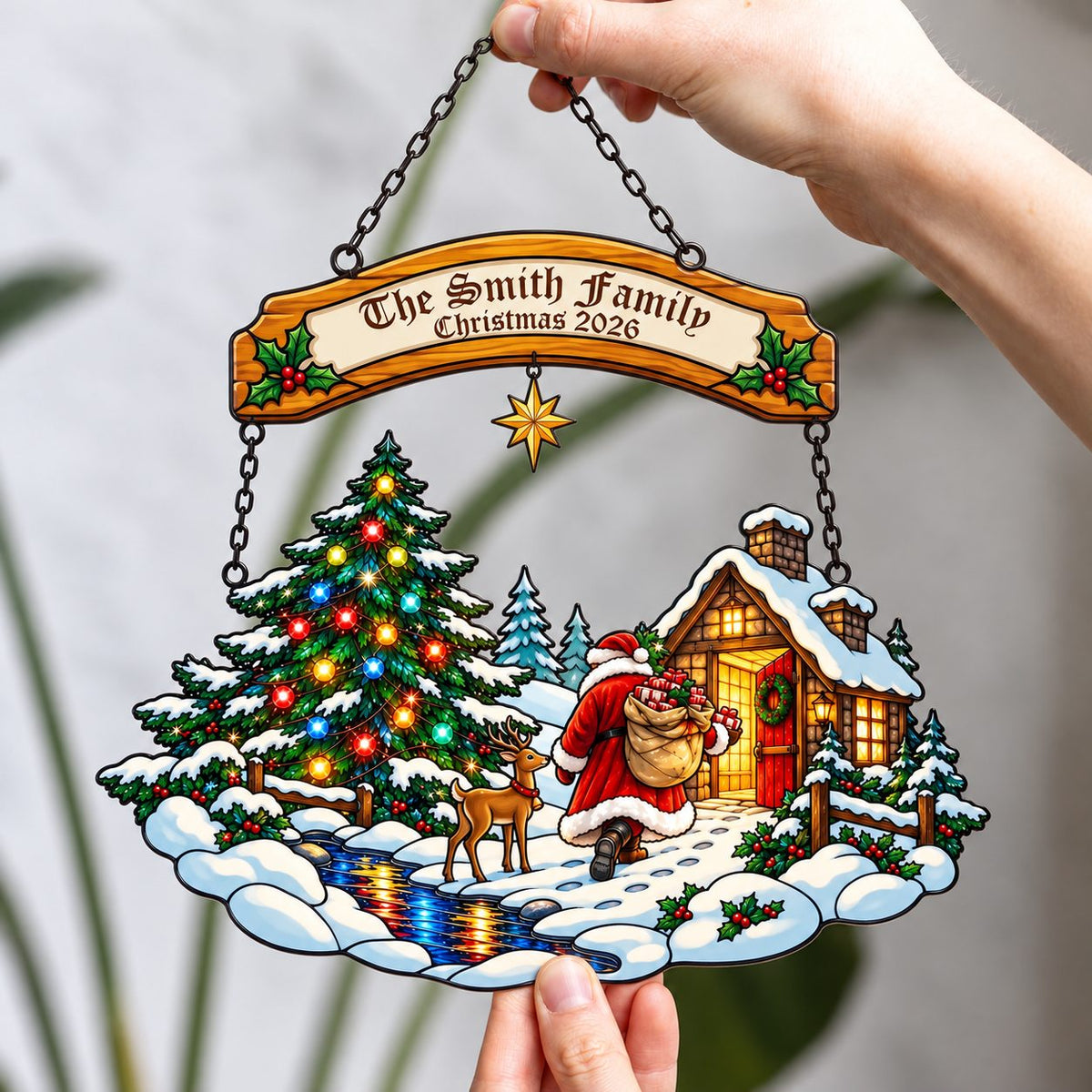 Personalized Family Name Santa at the Snowy Cabin Holographic Acrylic Suncatcher