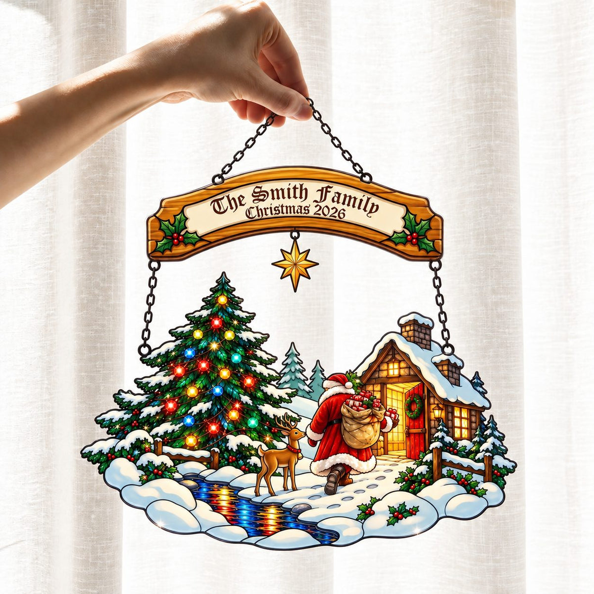 Personalized Family Name Santa at the Snowy Cabin Holographic Acrylic Suncatcher