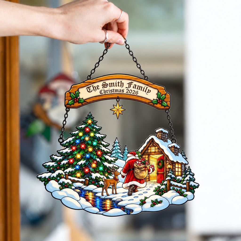 Personalized Family Name Santa at the Snowy Cabin Holographic Acrylic Suncatcher