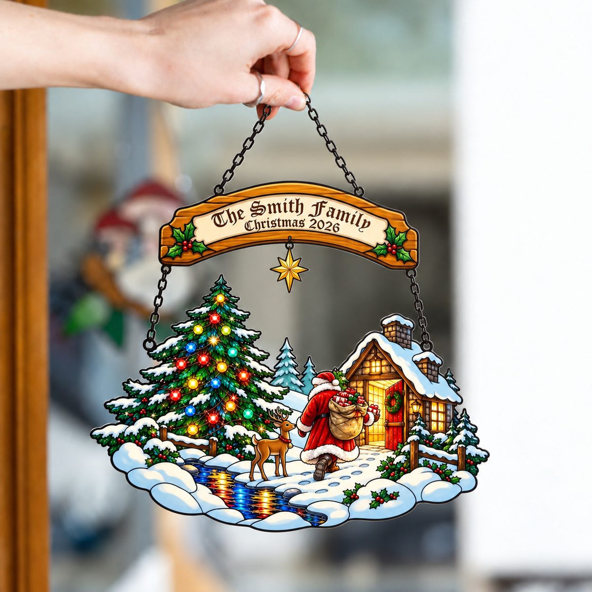 Personalized Family Name Santa at the Snowy Cabin Holographic Acrylic Suncatcher