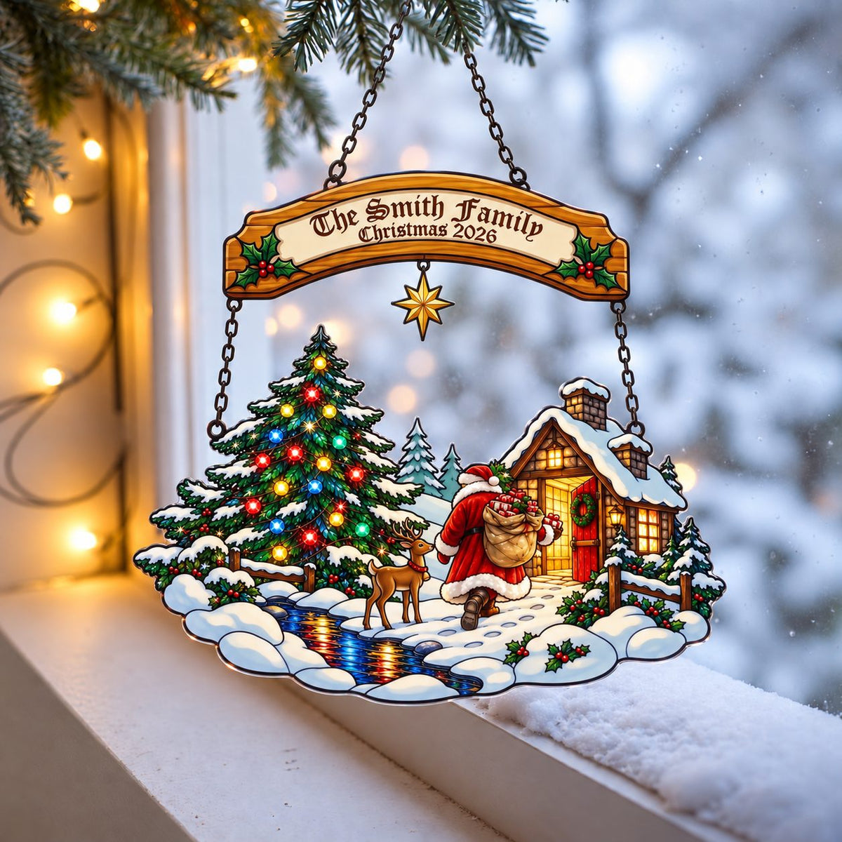 Personalized Family Name Santa at the Snowy Cabin Holographic Acrylic Suncatcher