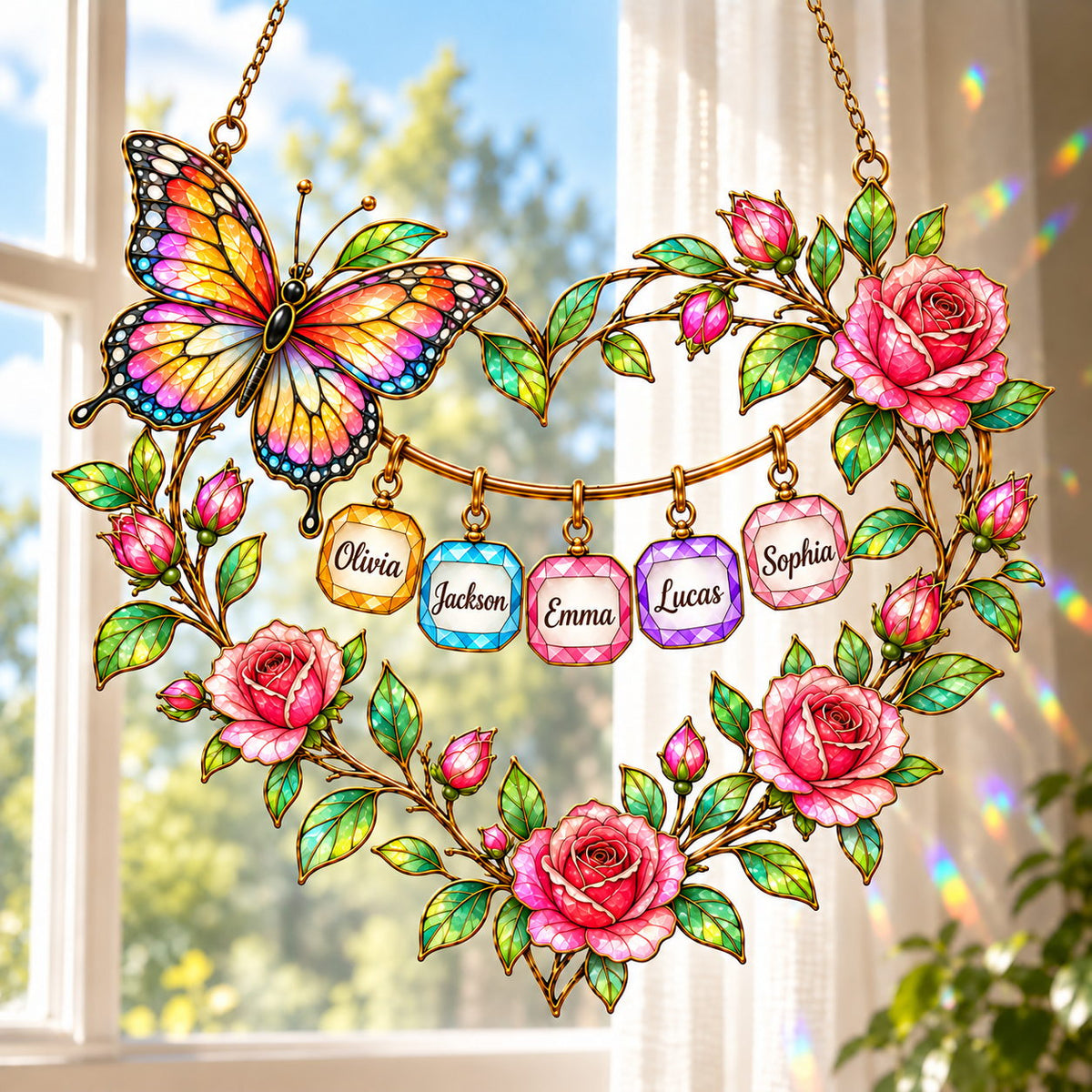 Personalized Grandma Butterfly Rose Heart Wreath Holographic Acrylic Suncatcher