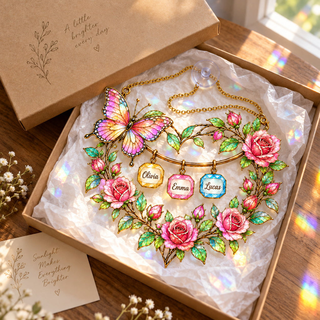Personalized Grandma Butterfly Rose Heart Wreath Holographic Acrylic Suncatcher
