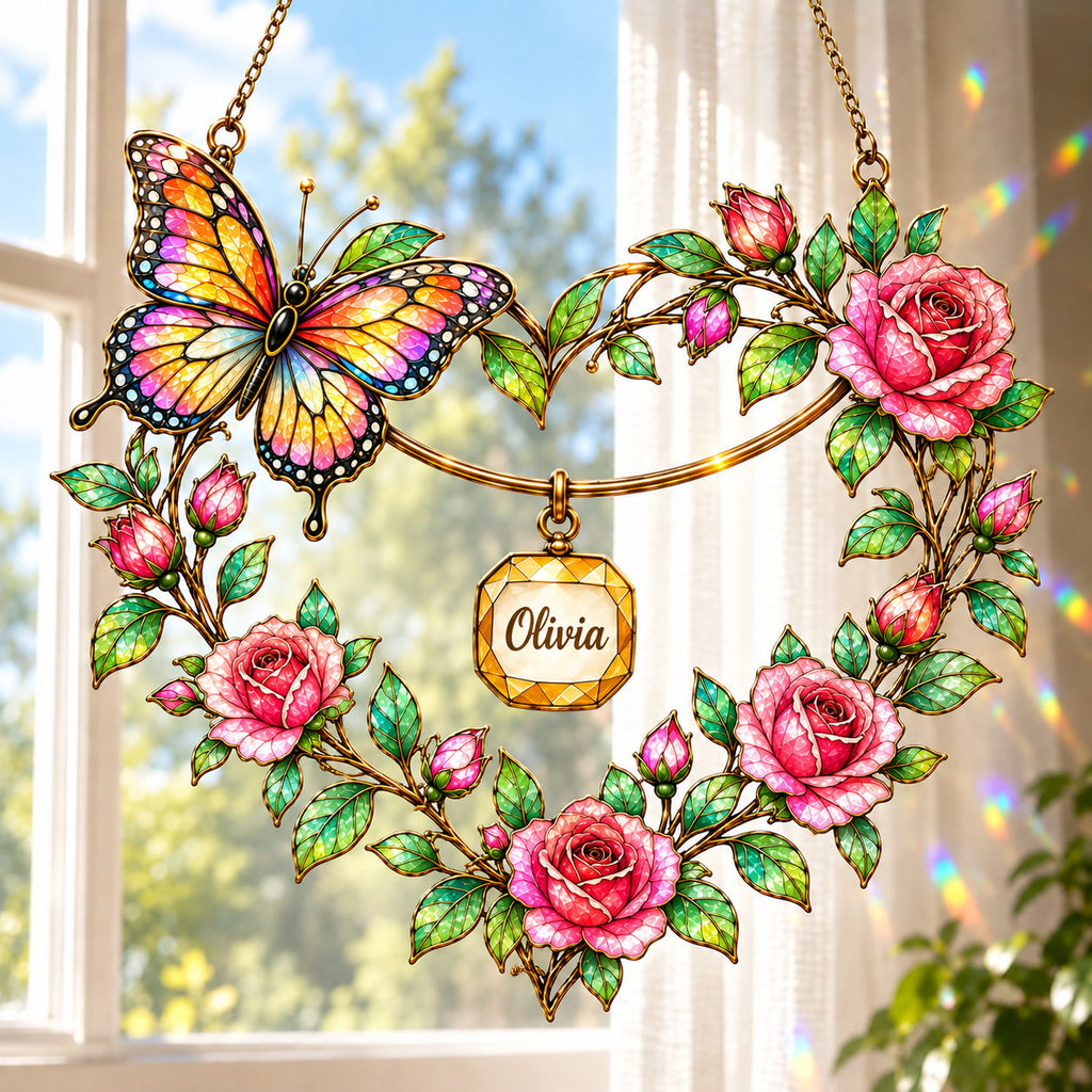 Personalized Grandma Butterfly Rose Heart Wreath Holographic Acrylic Suncatcher