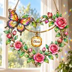 Personalized Grandma Butterfly Rose Heart Wreath Holographic Acrylic Suncatcher