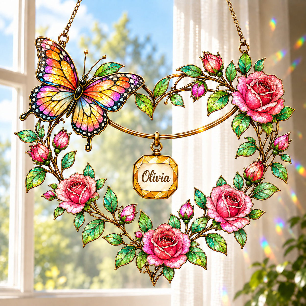 Personalized Grandma Butterfly Rose Heart Wreath Holographic Acrylic Suncatcher