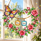Personalized Grandma Butterfly Rose Heart Wreath Holographic Acrylic Suncatcher