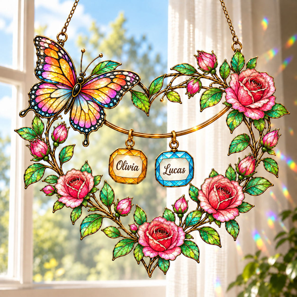 Personalized Grandma Butterfly Rose Heart Wreath Holographic Acrylic Suncatcher