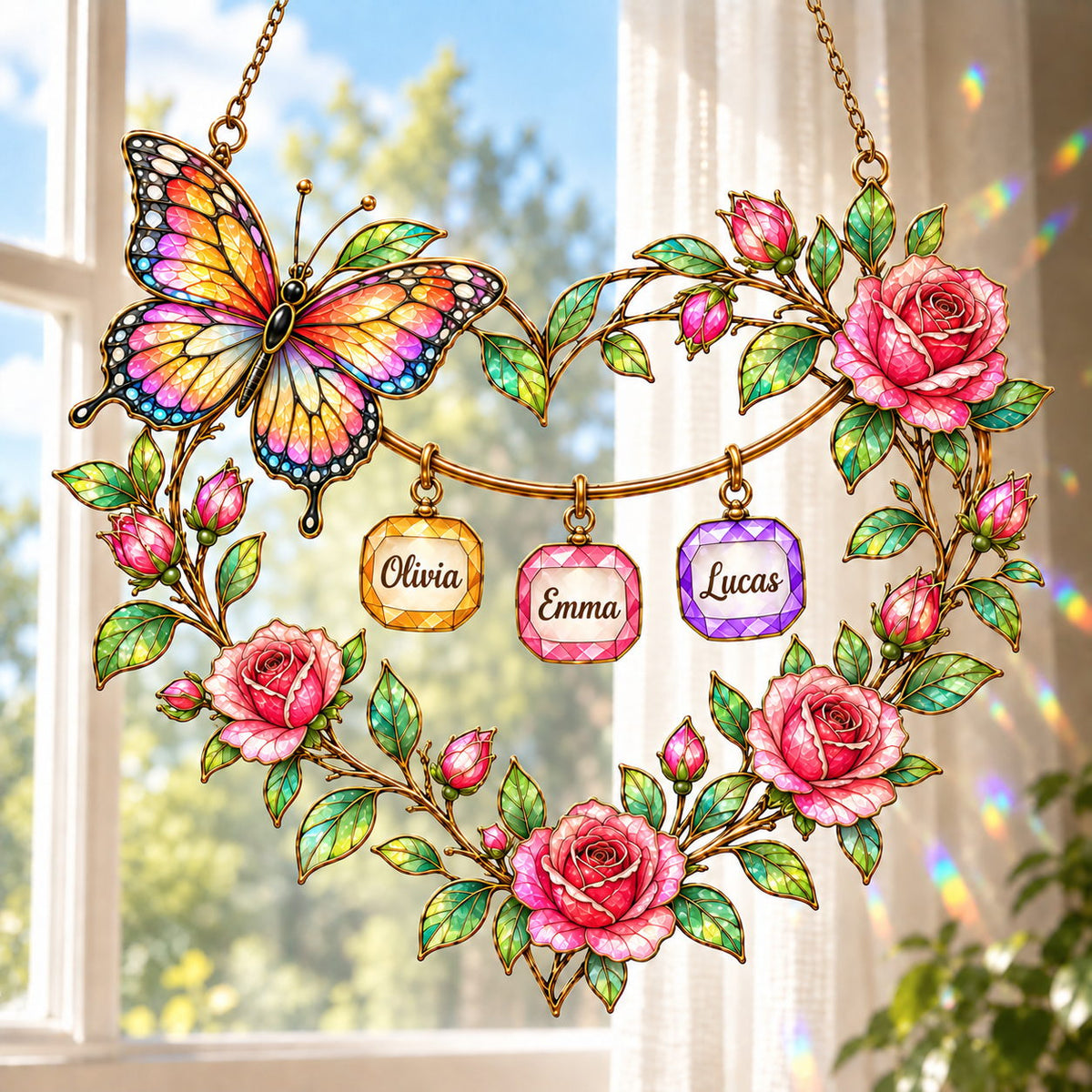 Personalized Grandma Butterfly Rose Heart Wreath Holographic Acrylic Suncatcher