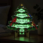 Personalized Family Names Christmas Tree Glow-in-the-Dark Wood Sign — Cardinals & Bluebird