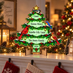 Personalized Family Names Christmas Tree Glow-in-the-Dark Wood Sign — Cardinals & Bluebird