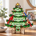 Personalized Family Names Christmas Tree Glow-in-the-Dark Wood Sign — Cardinals & Bluebird