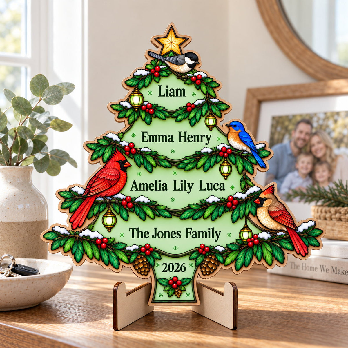 Personalized Family Names Christmas Tree Glow-in-the-Dark Wood Sign — Cardinals & Bluebird