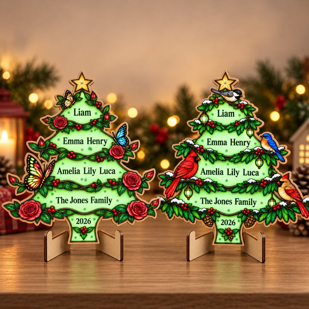 Personalized Family Names Christmas Tree Glow-in-the-Dark Wood Sign — Cardinals & Bluebird
