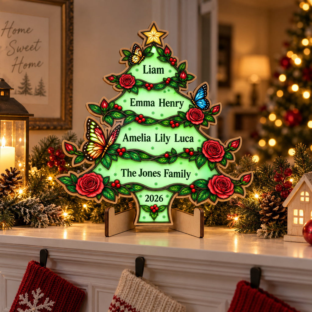 Personalized Family Names Christmas Tree Glow-in-the-Dark Wood Sign — Roses & Butterflies