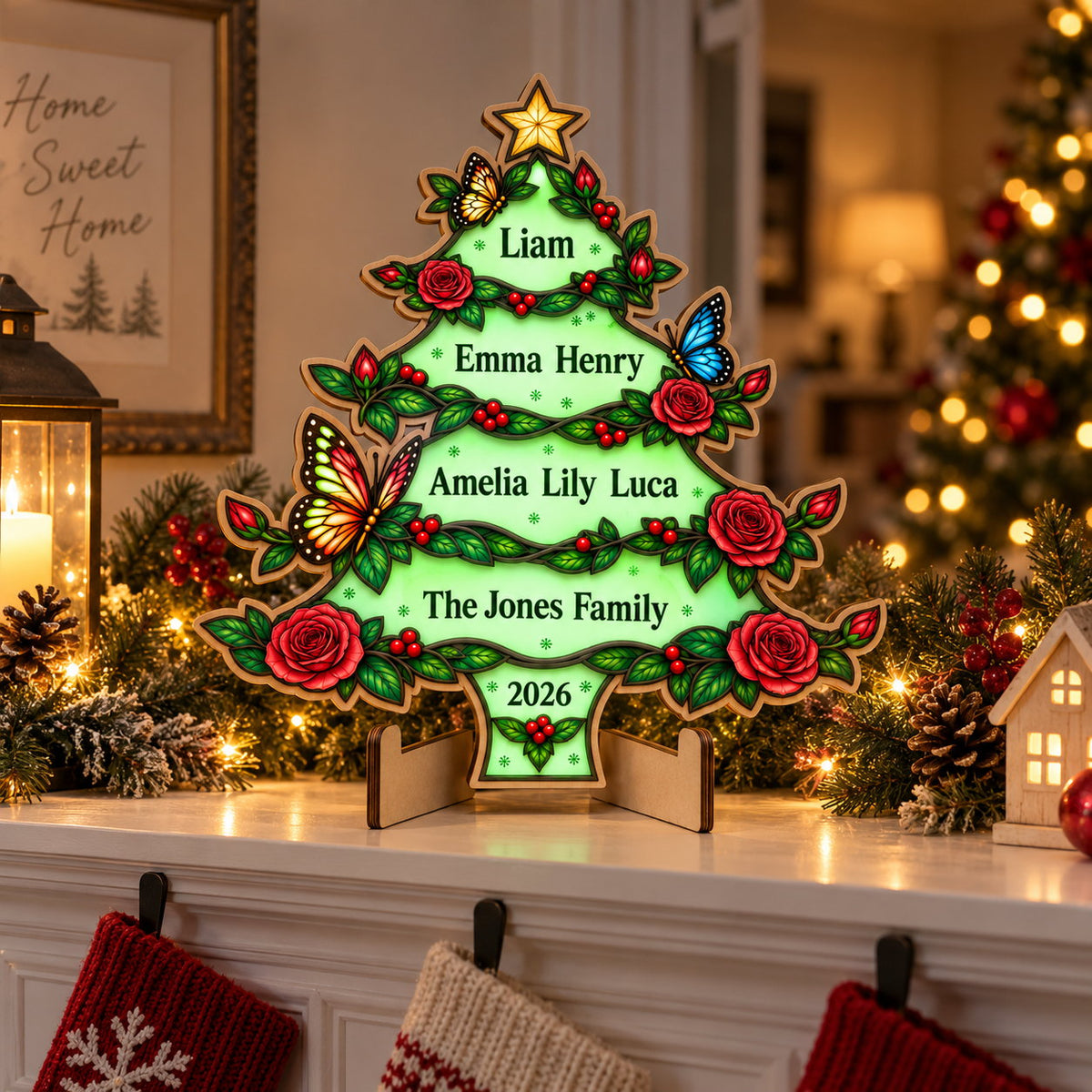 Personalized Family Names Christmas Tree Glow-in-the-Dark Wood Sign — Roses & Butterflies