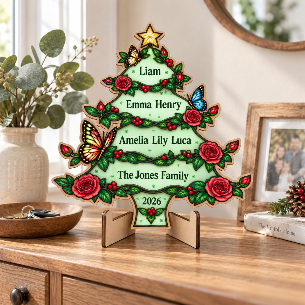 Personalized Family Names Christmas Tree Glow-in-the-Dark Wood Sign — Roses & Butterflies