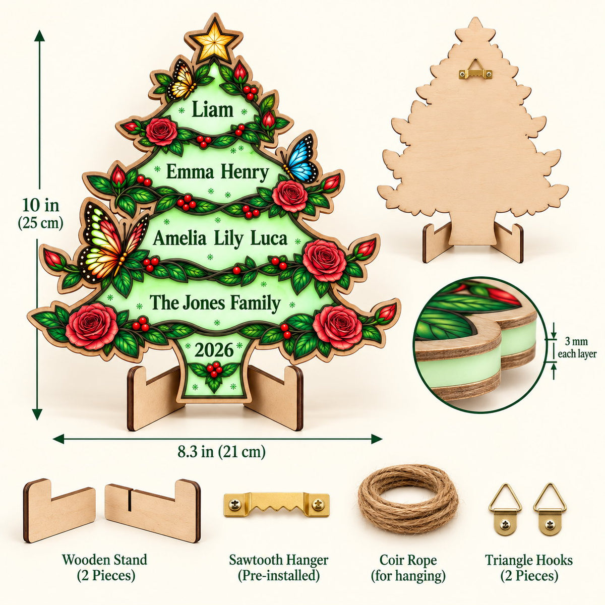 Personalized Family Names Christmas Tree Glow-in-the-Dark Wood Sign — Roses & Butterflies