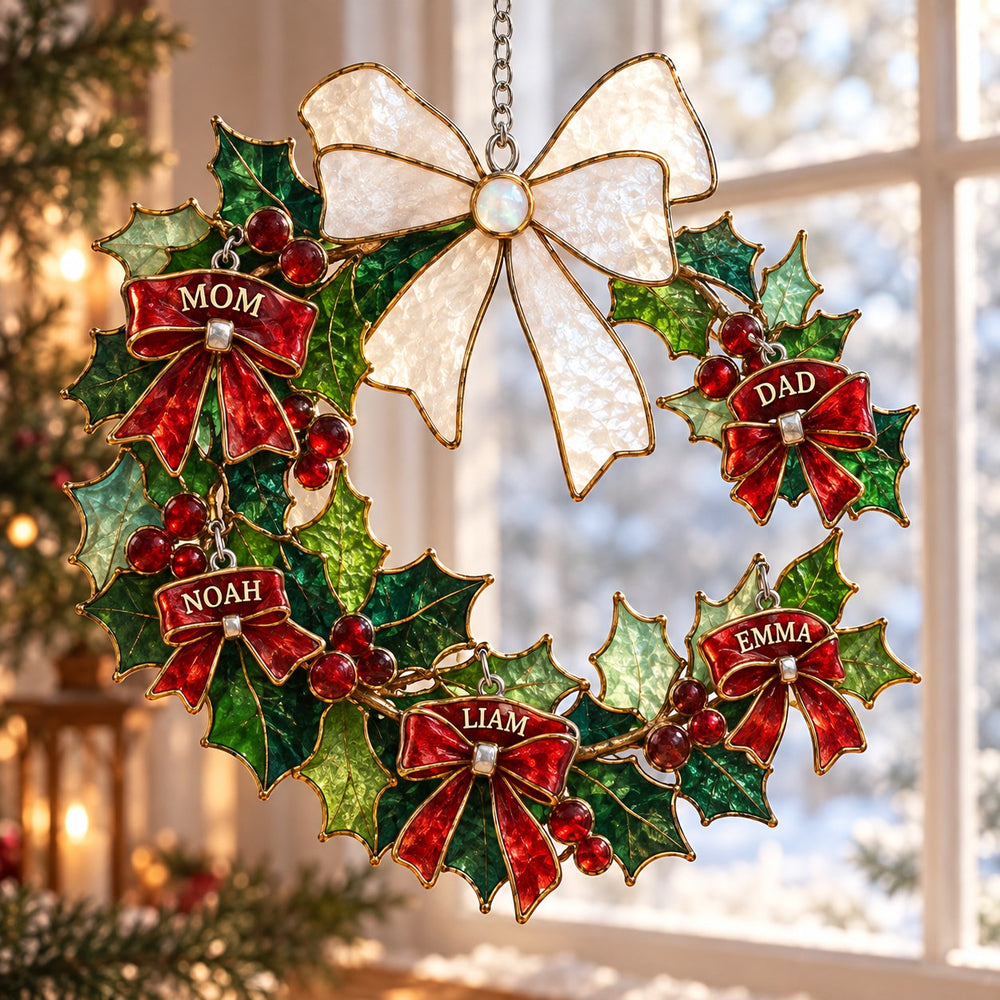 Personalized Family Names Holly Wreath suncatcher, four names readable on the wreath