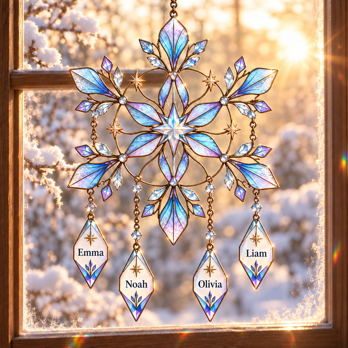 Personalized Family Names Snowflake with Name Drops Holographic Acrylic Suncatcher