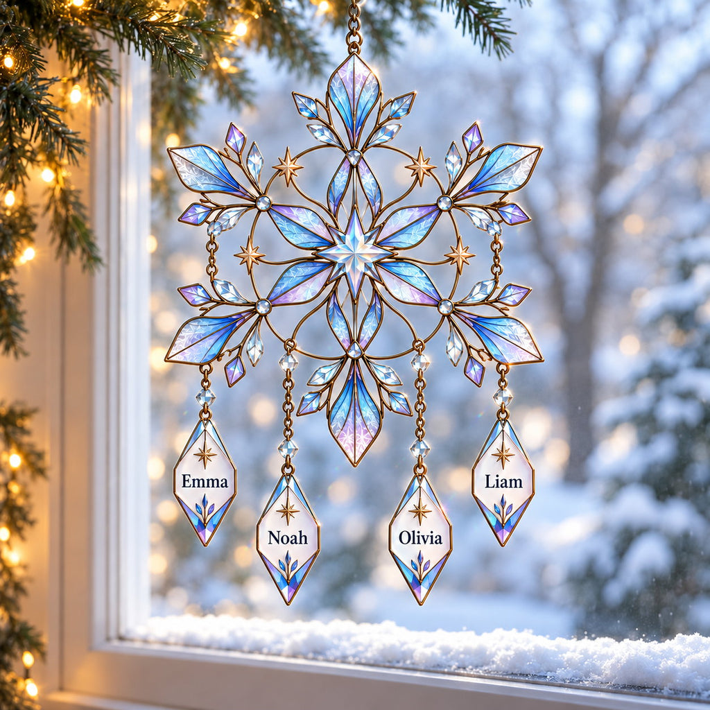 Personalized Family Names Snowflake with Name Drops Holographic Acrylic Suncatcher