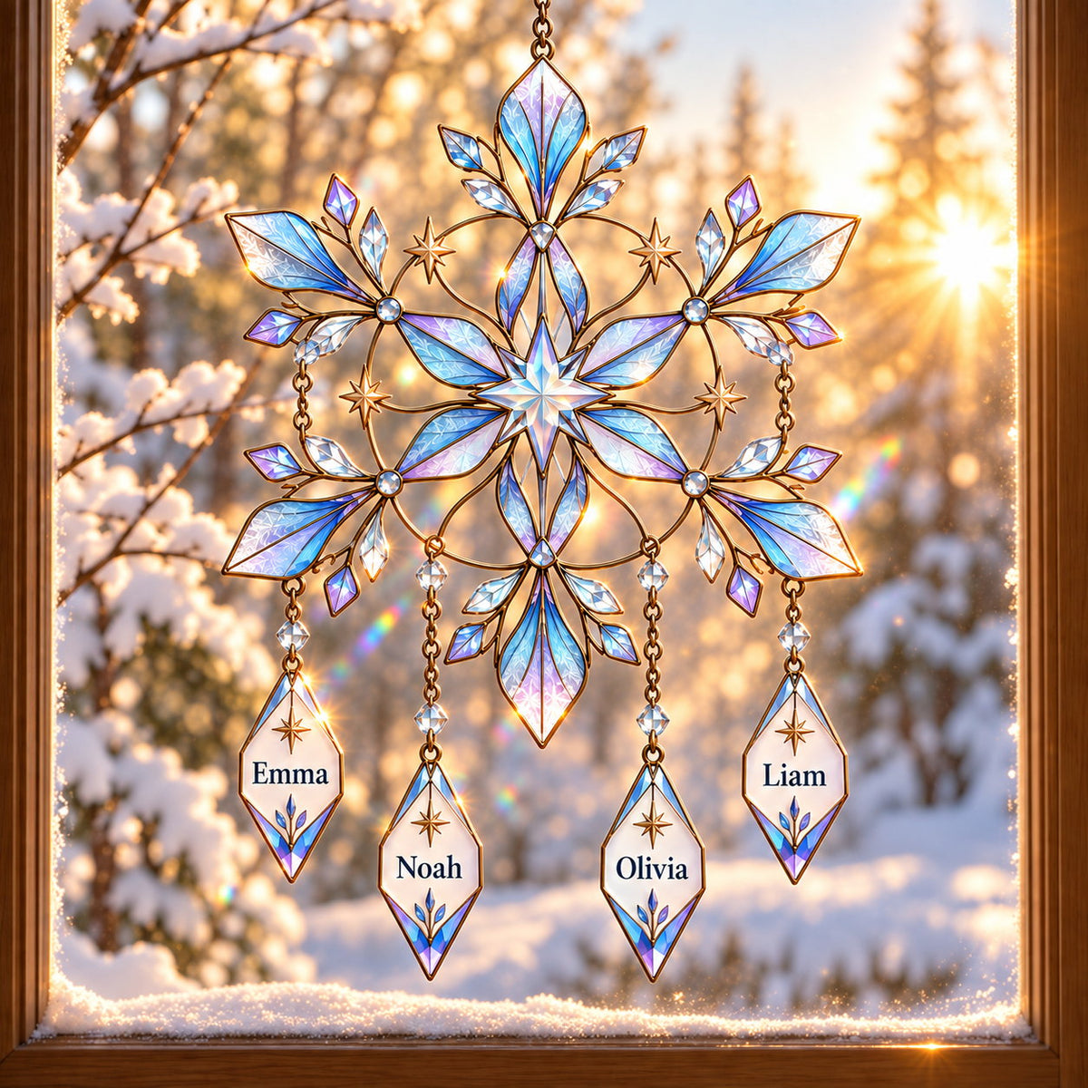 Personalized Family Names Snowflake with Name Drops Holographic Acrylic Suncatcher