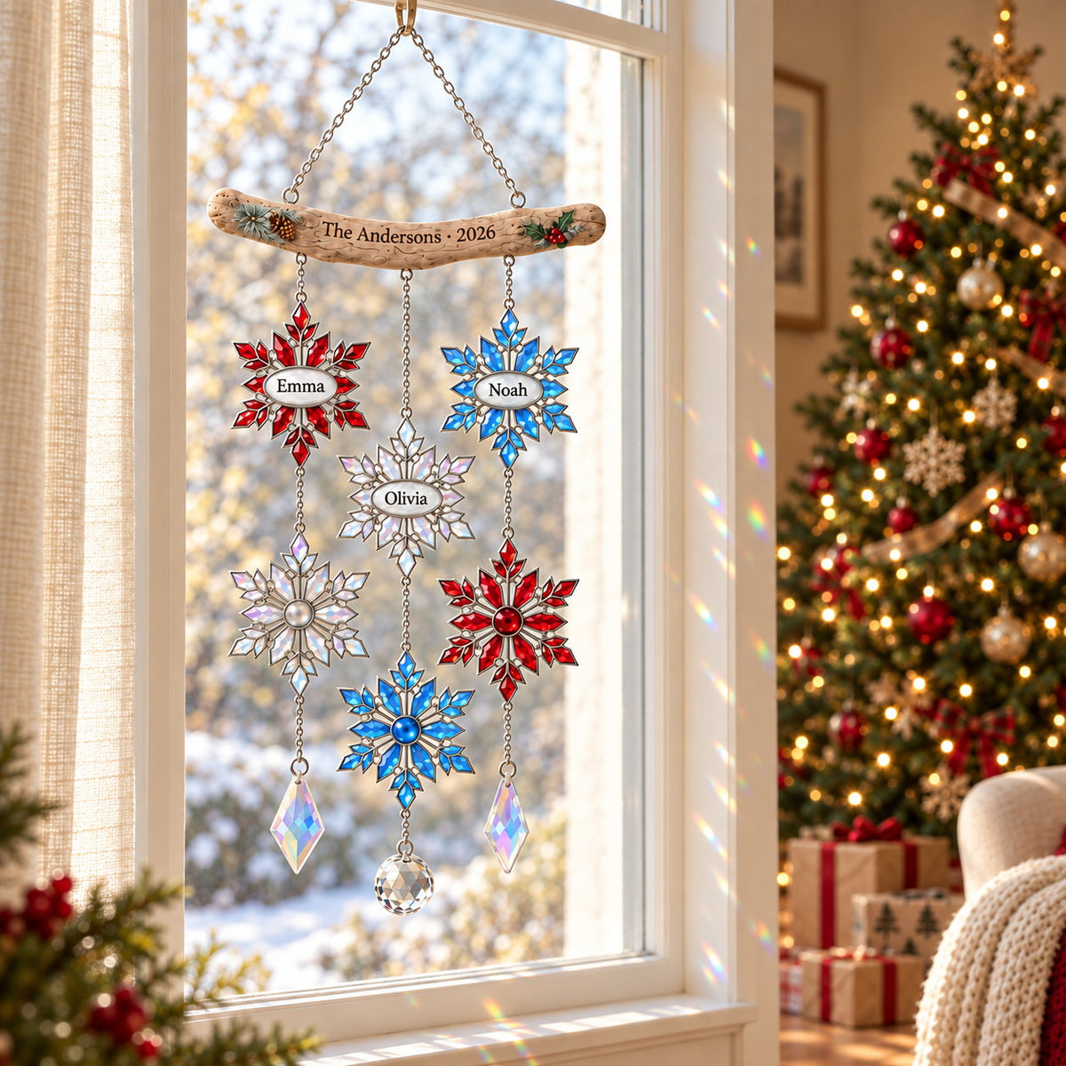 Personalized Family Snowflake Mobile Holographic Acrylic Suncatcher