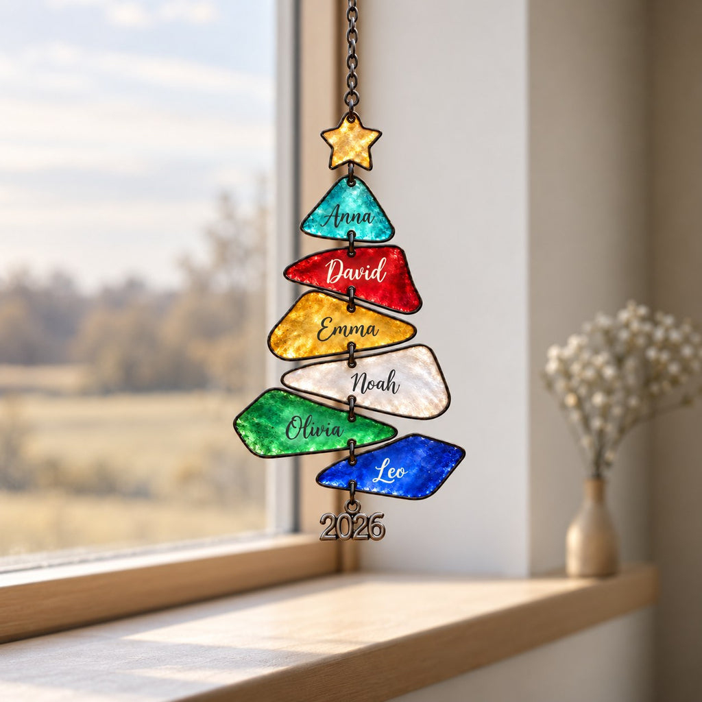 Personalized Family Names Christmas Tree Holographic Acrylic Suncatcher