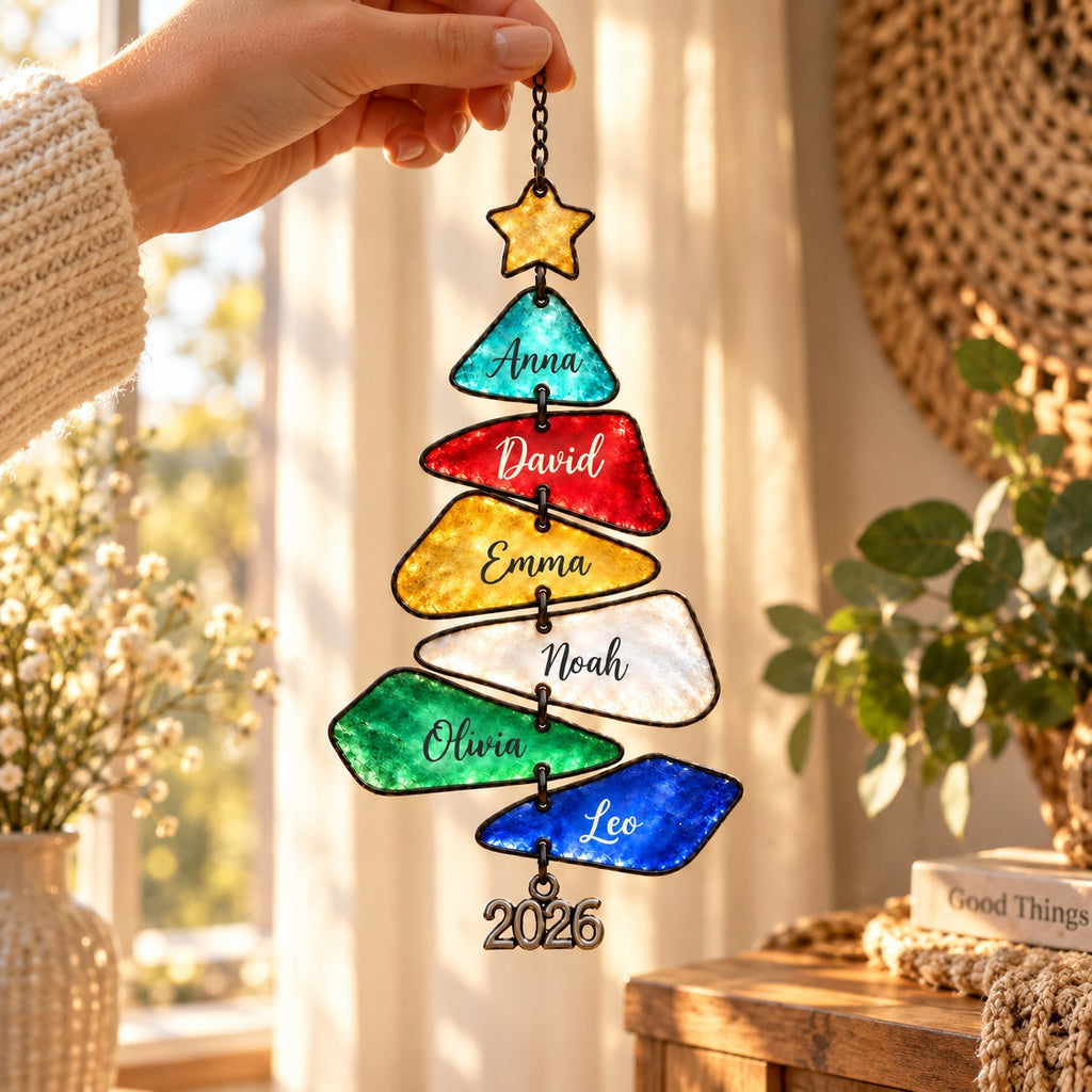 Personalized Family Names Christmas Tree Holographic Acrylic Suncatcher