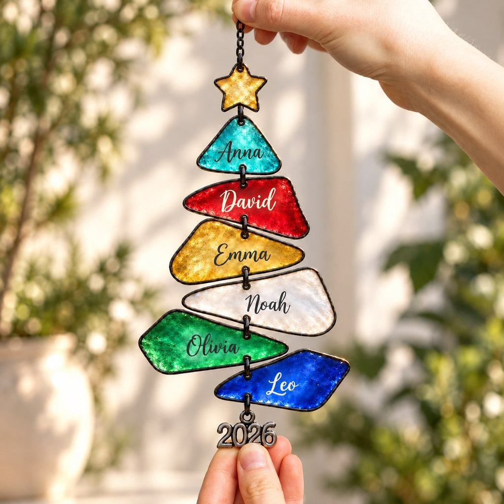 Personalized Family Names Christmas Tree Holographic Acrylic Suncatcher