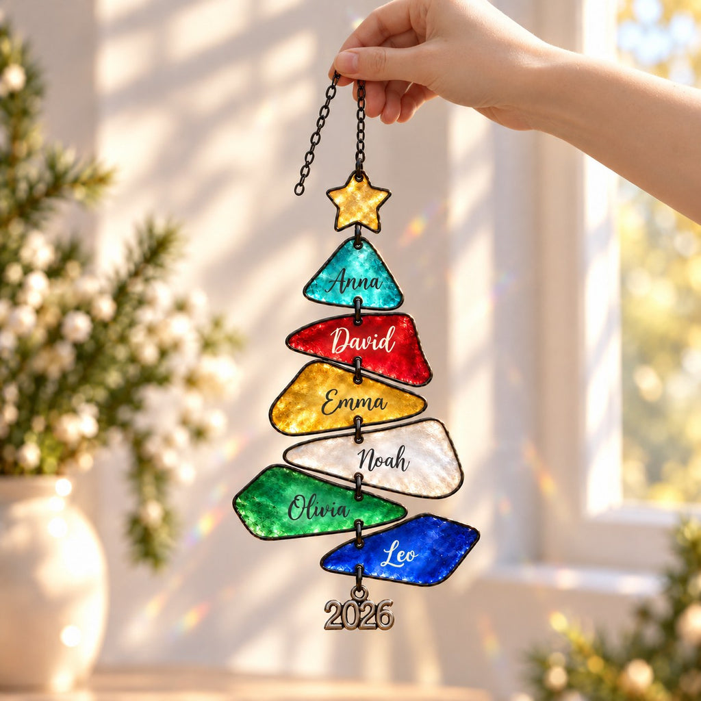 Personalized Family Names Christmas Tree Holographic Acrylic Suncatcher