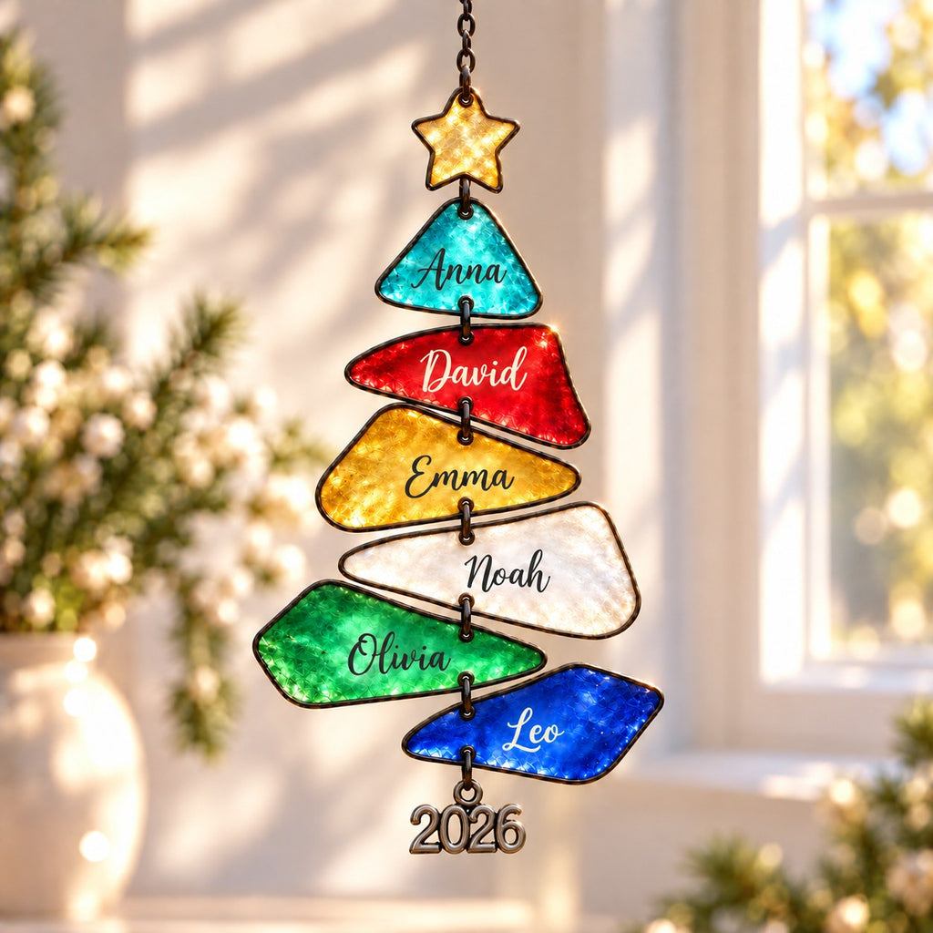 Personalized Family Names Christmas Tree Holographic Acrylic Suncatcher