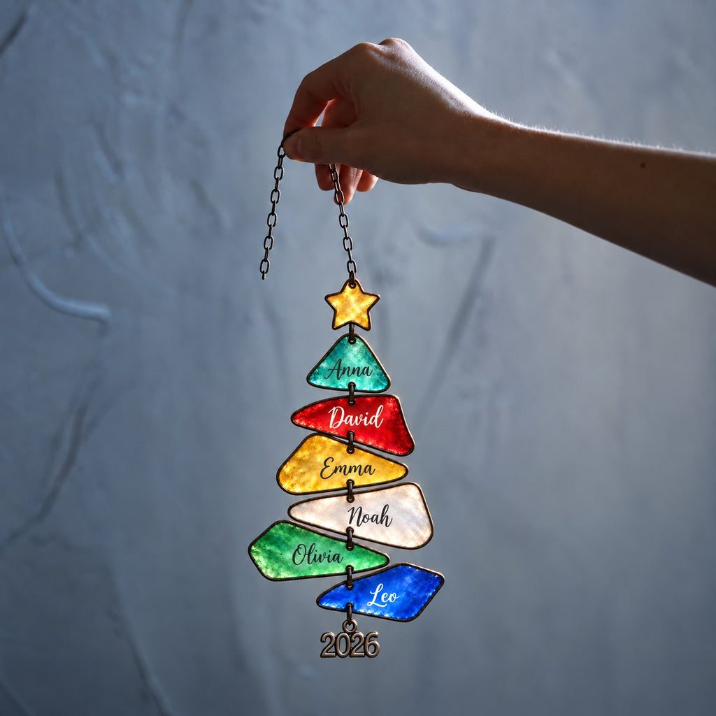 Personalized Family Names Christmas Tree Holographic Acrylic Suncatcher